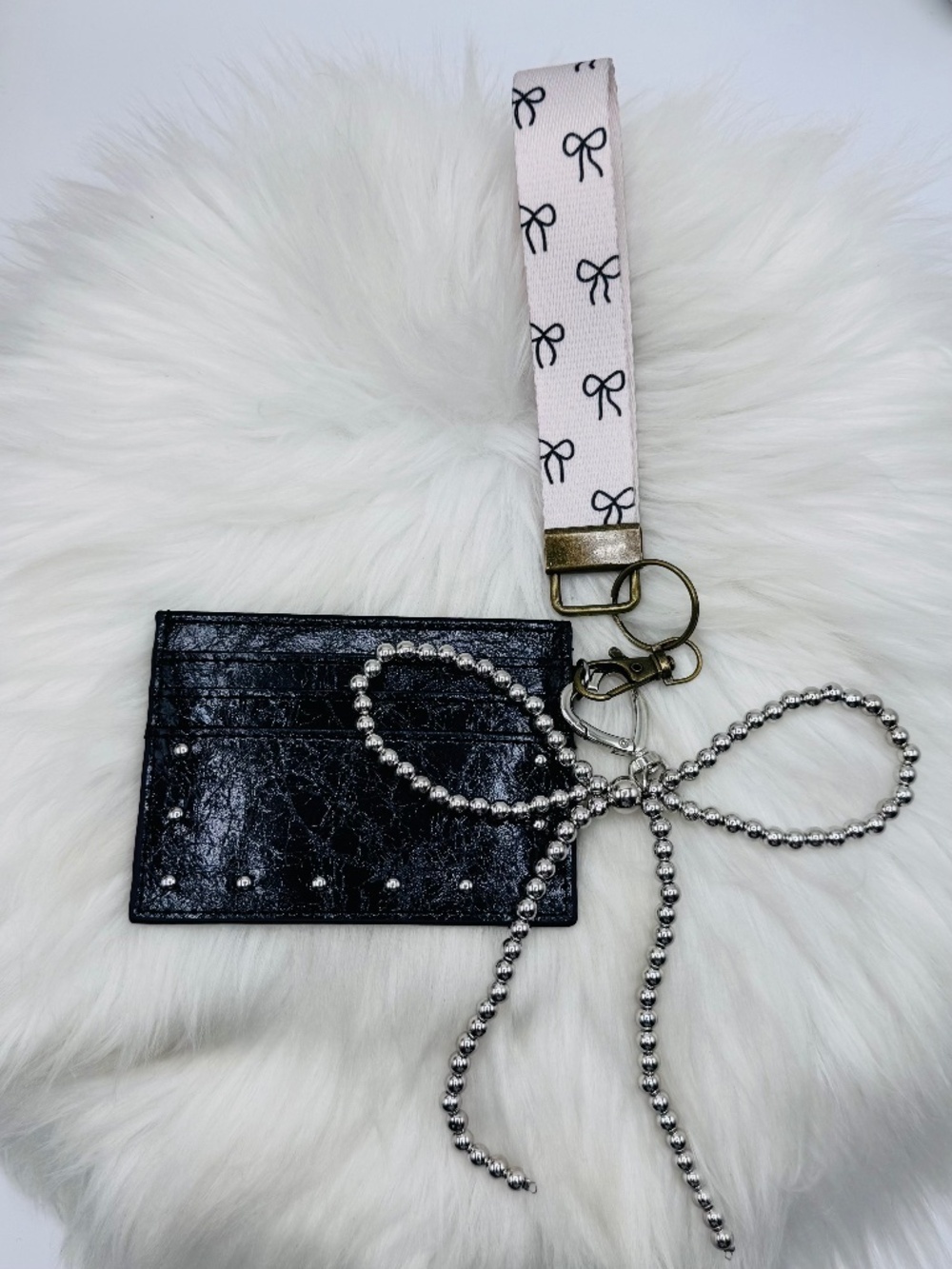 Black Studded Card Holder Wallet w/  Bow theme Wristlet Strap & Beaded Charm